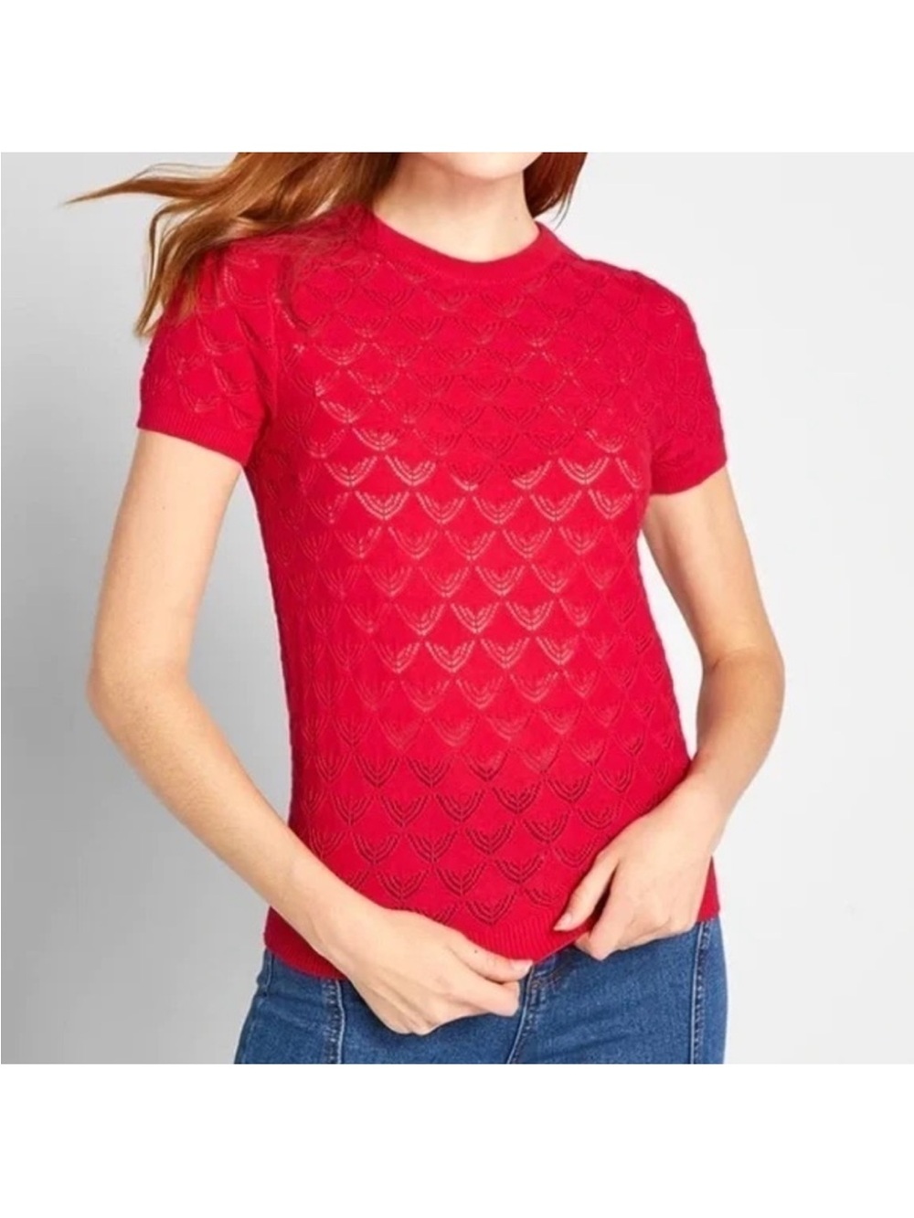 ModCloth Pointelle Red Short-Sleeve Sweater—Sz 1X